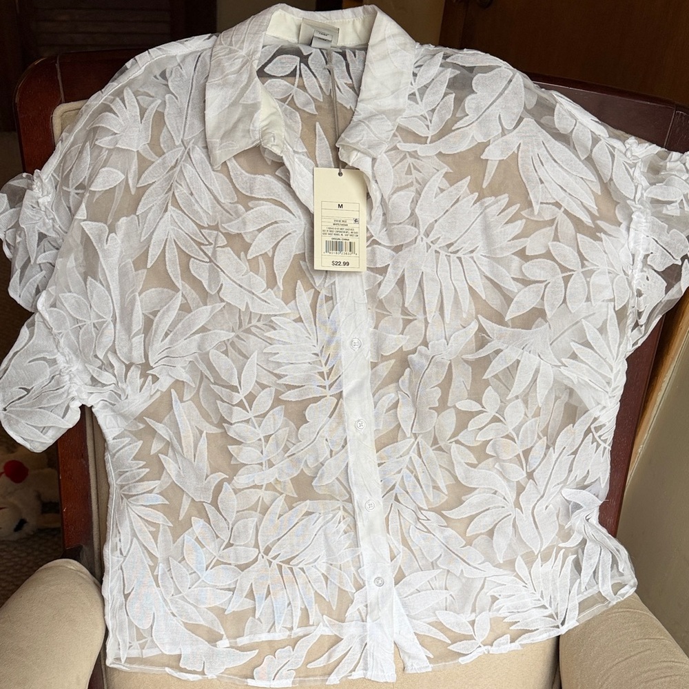 Lightweight White Sheer Leaf-Embroidered Button-Up Top a. new. day